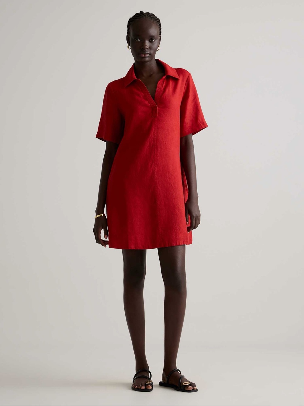 Quince 100% European Flax Linen Shift Dress Terracotta Red Large Pockets